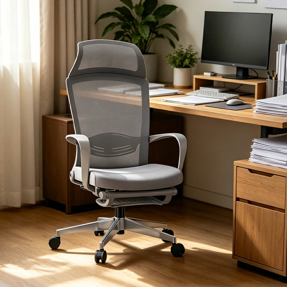 LIVARA  High Back Ergonomic Mesh Office Chair Adjustable Headrest Aluminium Base Computer Chair for Workspace - Grey