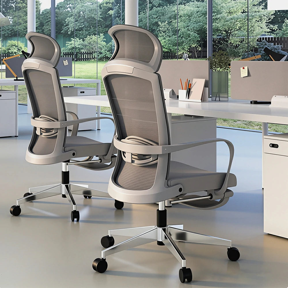 LIVARA  High Back Ergonomic Mesh Office Chair Adjustable Headrest Aluminium Base Computer Chair for Workspace - Grey