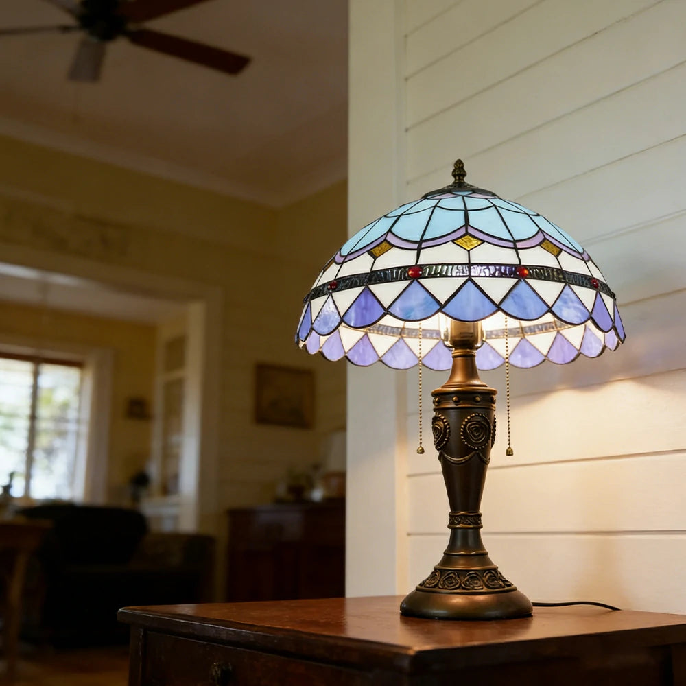 LIVARA Mediterranean Style Vintage Artistic Stained Glass Table Lamp Soft Ambient Lighting Metal Base Design Suitable for Bedroom Living Room Study Entryway