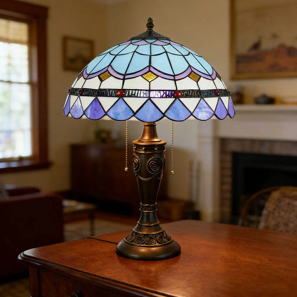 LIVARA Mediterranean Style Vintage Artistic Stained Glass Table Lamp Soft Ambient Lighting Metal Base Design Suitable for Bedroom Living Room Study Entryway