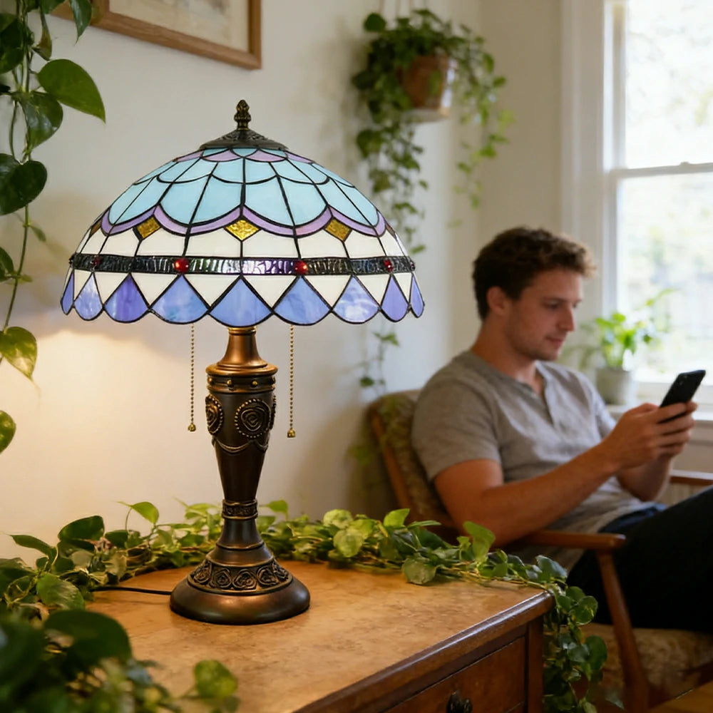 LIVARA Mediterranean Style Vintage Artistic Stained Glass Table Lamp Soft Ambient Lighting Metal Base Design Suitable for Bedroom Living Room Study Entryway