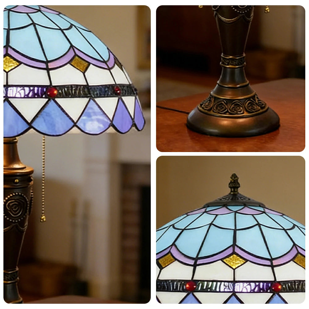 LIVARA Mediterranean Style Vintage Artistic Stained Glass Table Lamp Soft Ambient Lighting Metal Base Design Suitable for Bedroom Living Room Study Entryway
