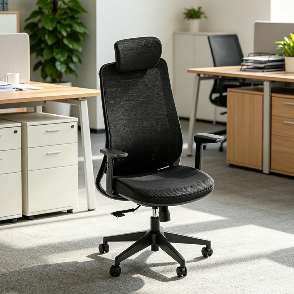 LIVARA  High Back Ergonomic Mesh Office Chair Adjustable Armrests Self Weight Base Computer Chair - Black