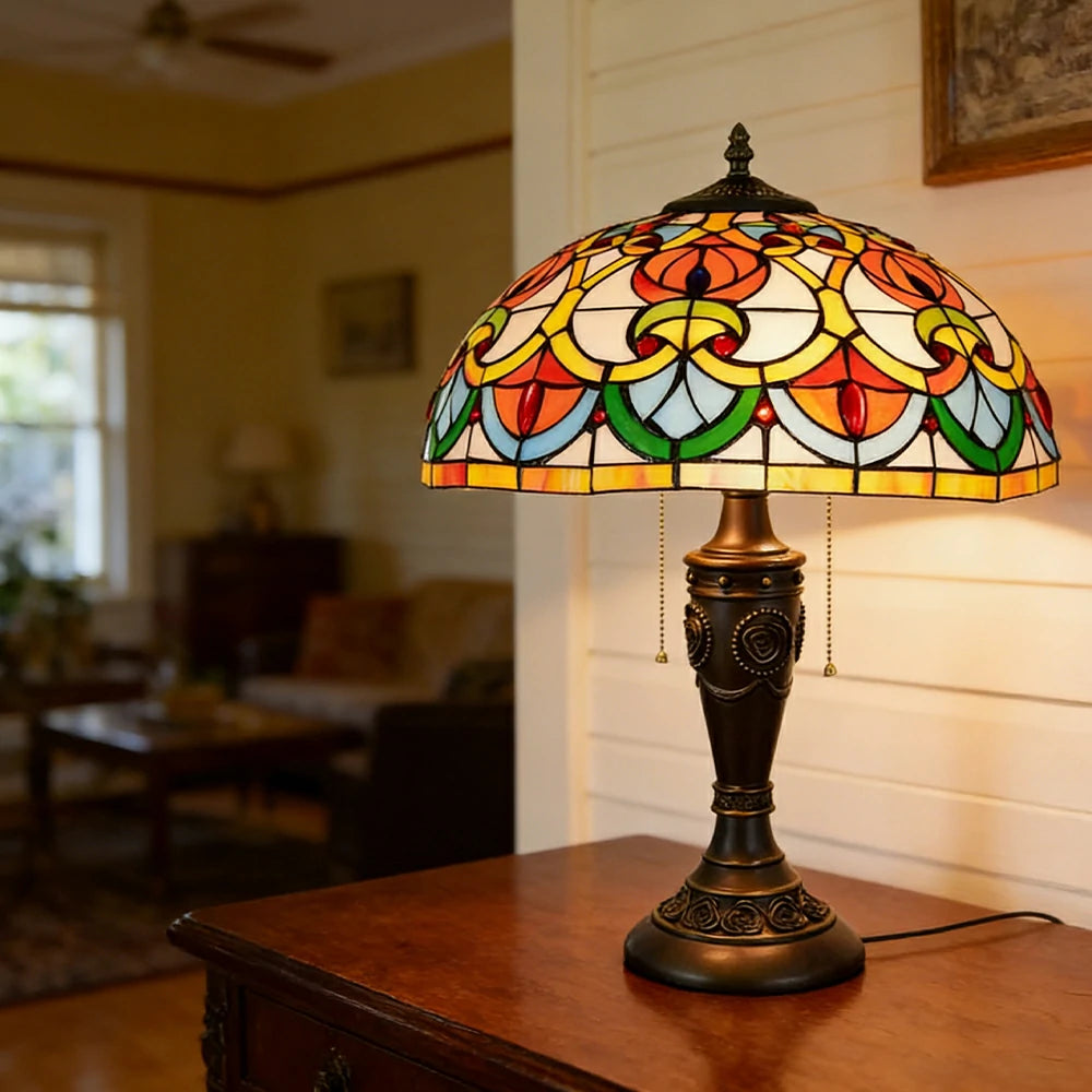LIVARA Heart Bead Pattern Vintage Artistic Stained Glass Table Lamp Soft Ambient Lighting Metal Base Design Suitable for Bedroom Living Room Study Entryway