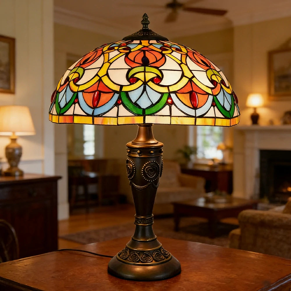 LIVARA Heart Bead Pattern Vintage Artistic Stained Glass Table Lamp Soft Ambient Lighting Metal Base Design Suitable for Bedroom Living Room Study Entryway