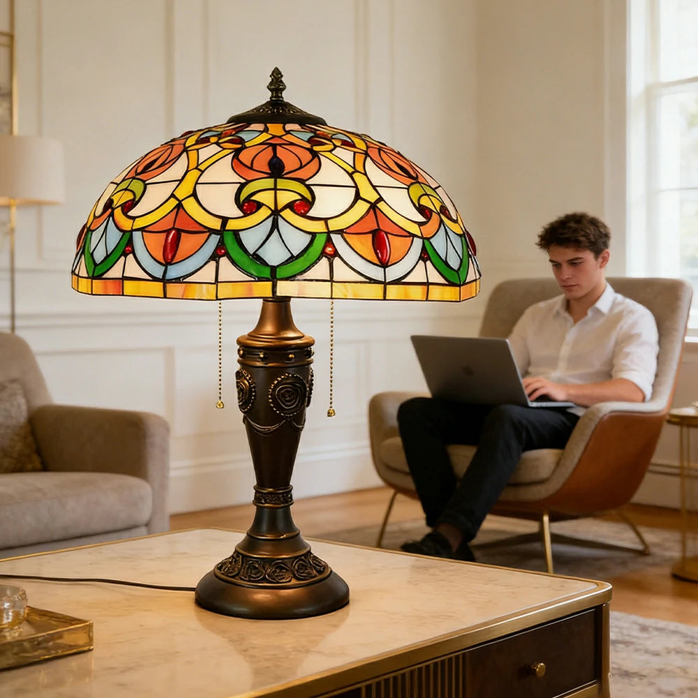 LIVARA Heart Bead Pattern Vintage Artistic Stained Glass Table Lamp Soft Ambient Lighting Metal Base Design Suitable for Bedroom Living Room Study Entryway