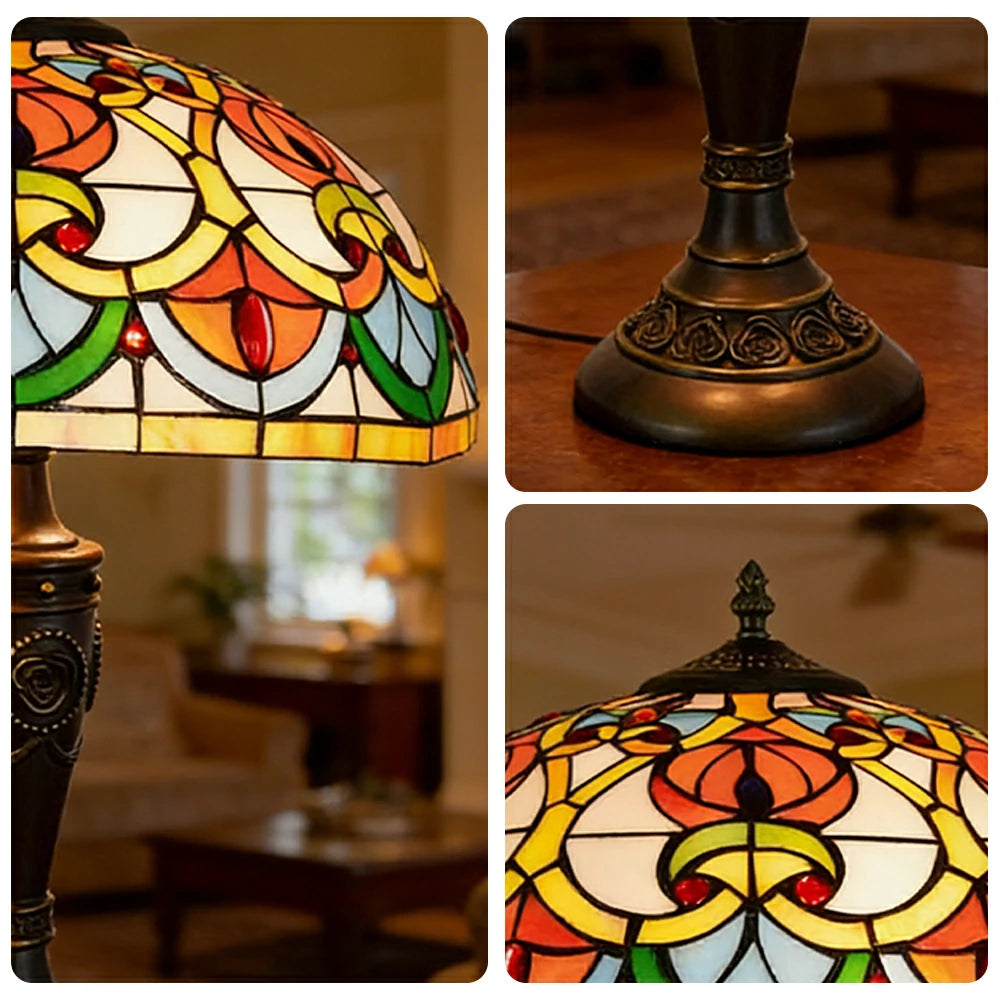 LIVARA Heart Bead Pattern Vintage Artistic Stained Glass Table Lamp Soft Ambient Lighting Metal Base Design Suitable for Bedroom Living Room Study Entryway