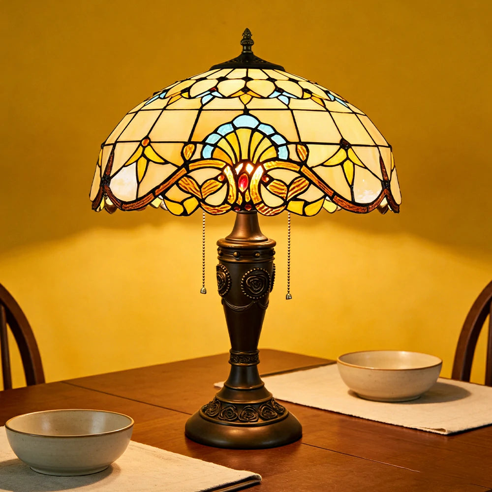 LIVARA Baroque Style Vintage Artistic Stained Glass Table Lamp Soft Ambient Lighting Metal Base Design Suitable for Bedroom Living Room Study Entryway
