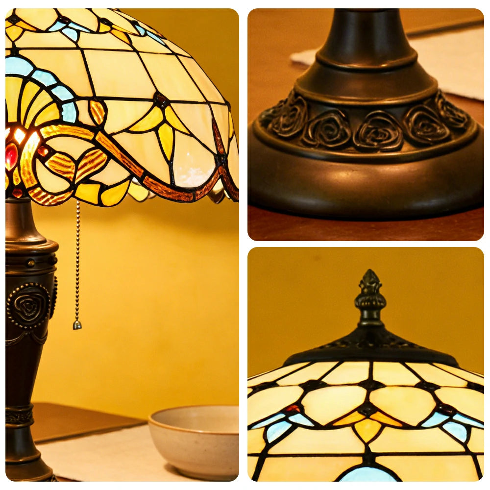 LIVARA Baroque Style Vintage Artistic Stained Glass Table Lamp Soft Ambient Lighting Metal Base Design Suitable for Bedroom Living Room Study Entryway