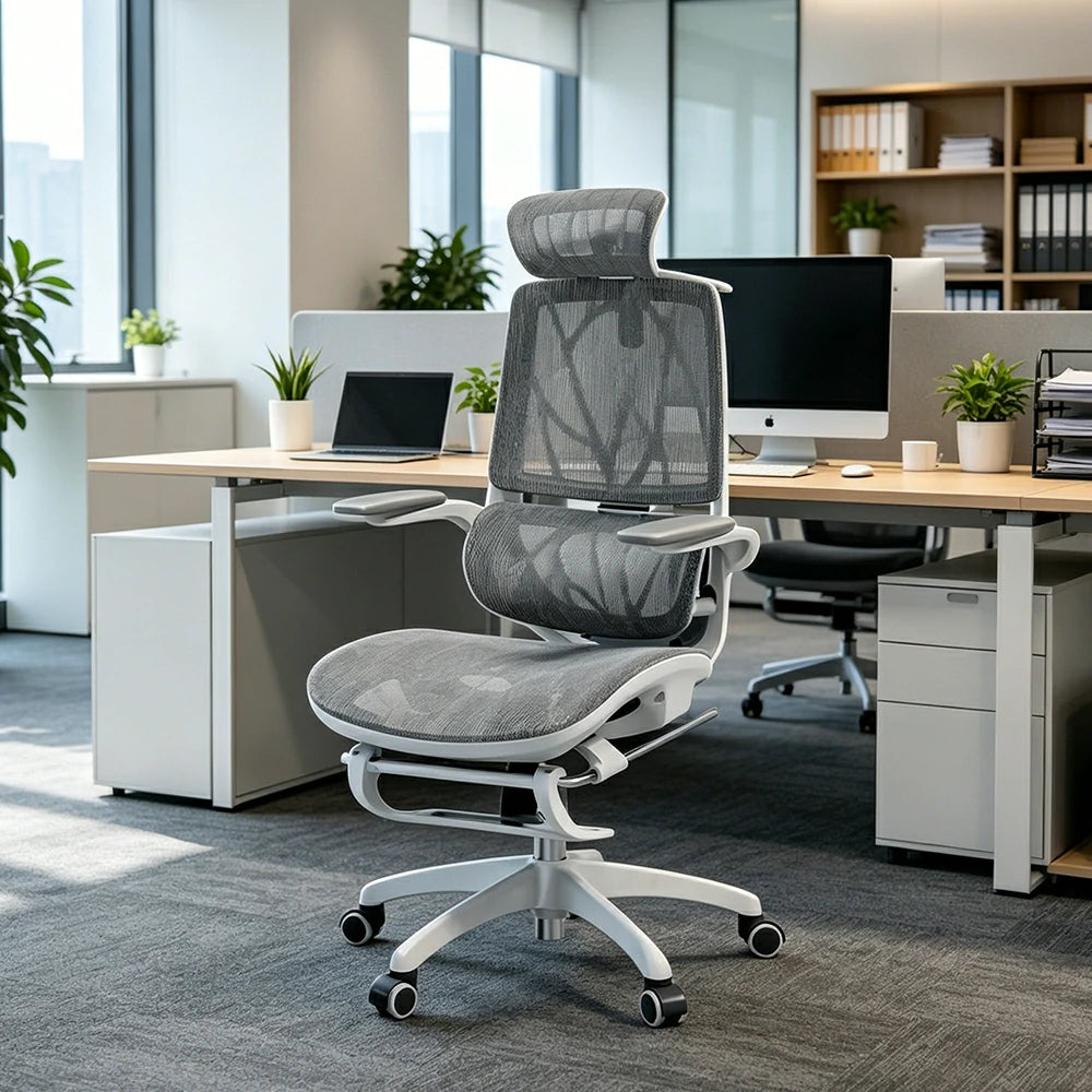 LIVARA Ergonomic Mesh Office Chair Reclining Chair with Footrest 4D Armrests Lumbar Support - Grey