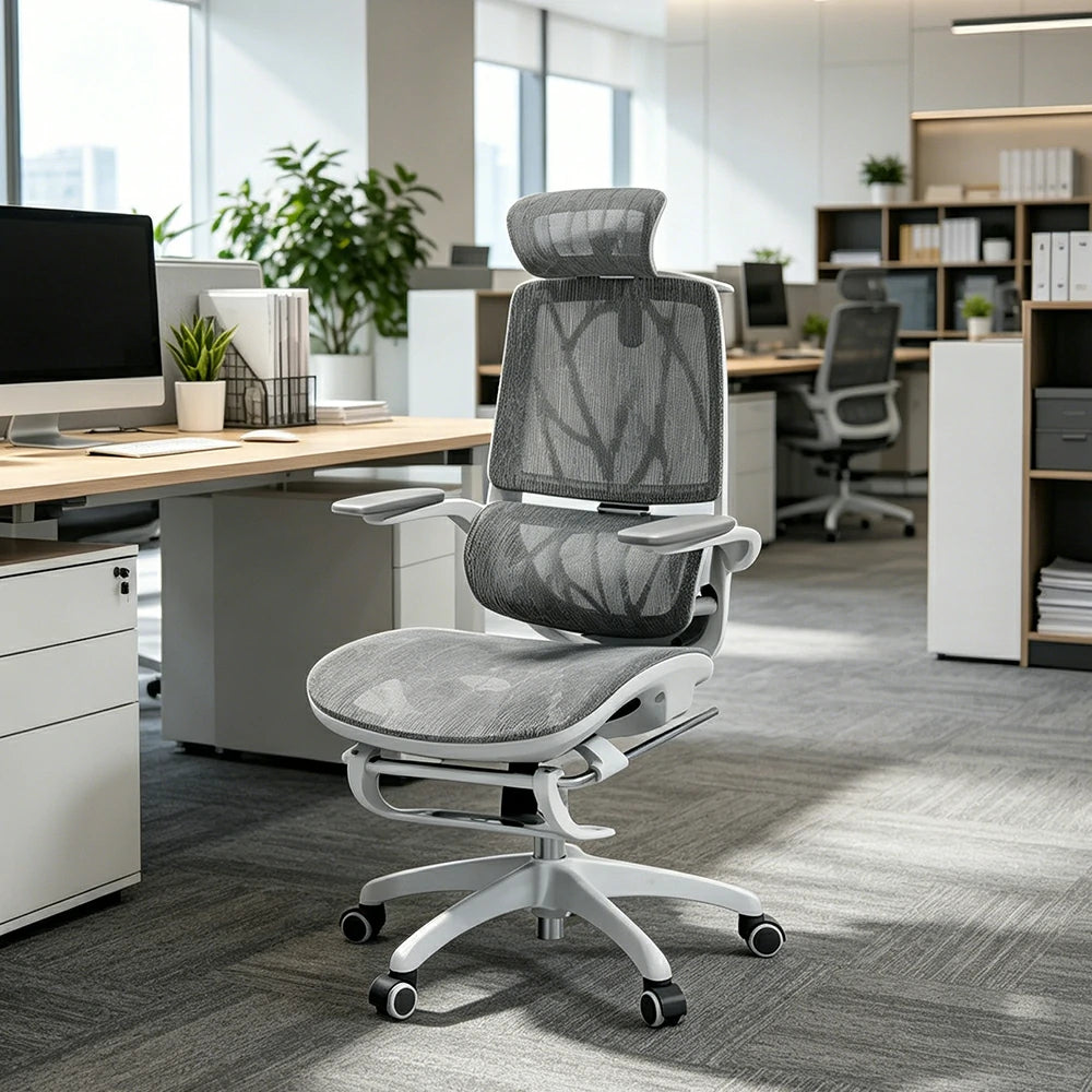 LIVARA Ergonomic Mesh Office Chair Reclining Chair with Footrest 4D Armrests Lumbar Support - Grey