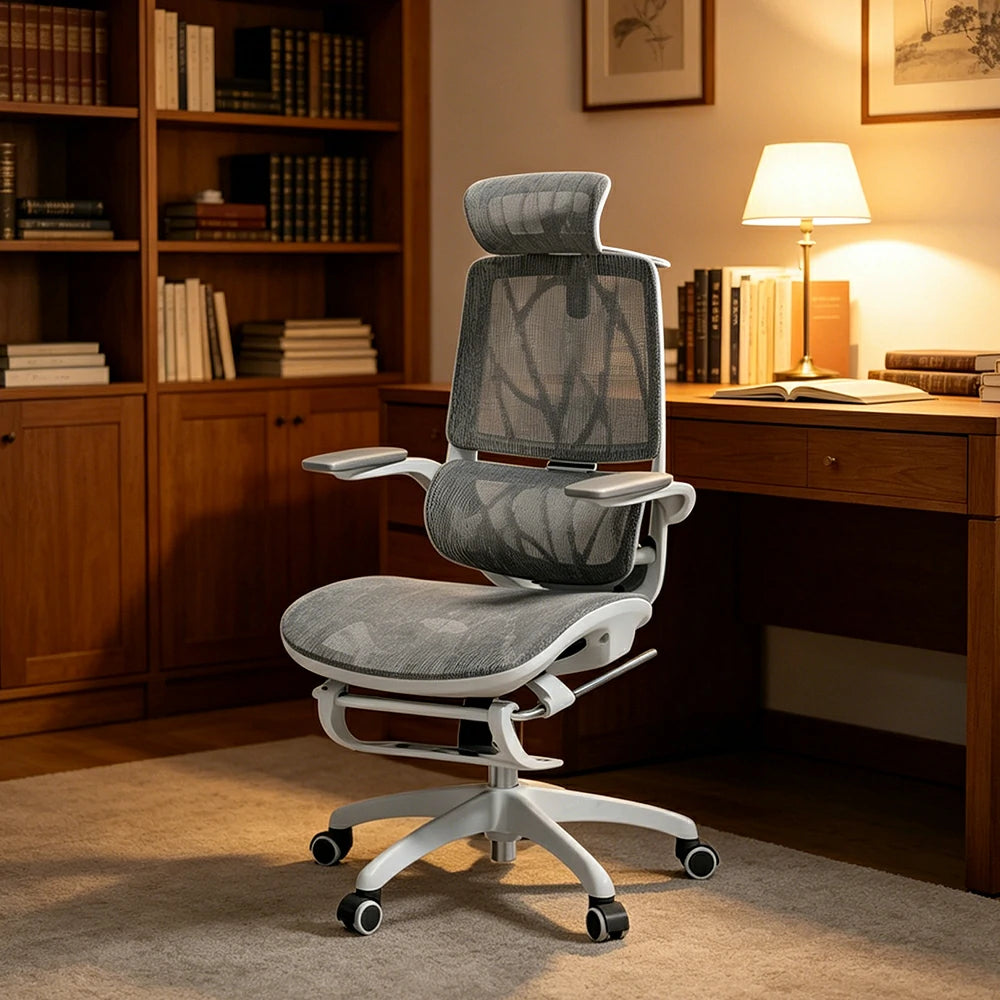 LIVARA Ergonomic Mesh Office Chair Reclining Chair with Footrest 4D Armrests Lumbar Support - Grey