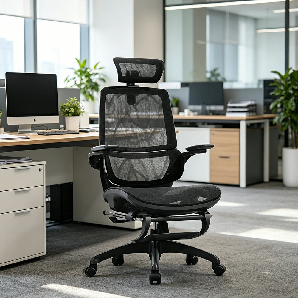 LIVARA Ergonomic Mesh Office Chair Reclining Chair with Footrest 4D Armrests Lumbar Support - Black
