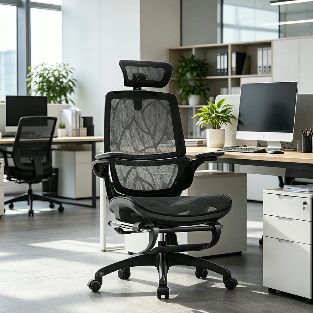 LIVARA Ergonomic Mesh Office Chair Reclining Chair with Footrest 4D Armrests Lumbar Support - Black