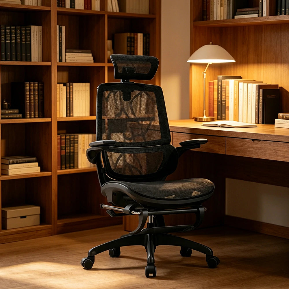 LIVARA Ergonomic Mesh Office Chair Reclining Chair with Footrest 4D Armrests Lumbar Support - Black