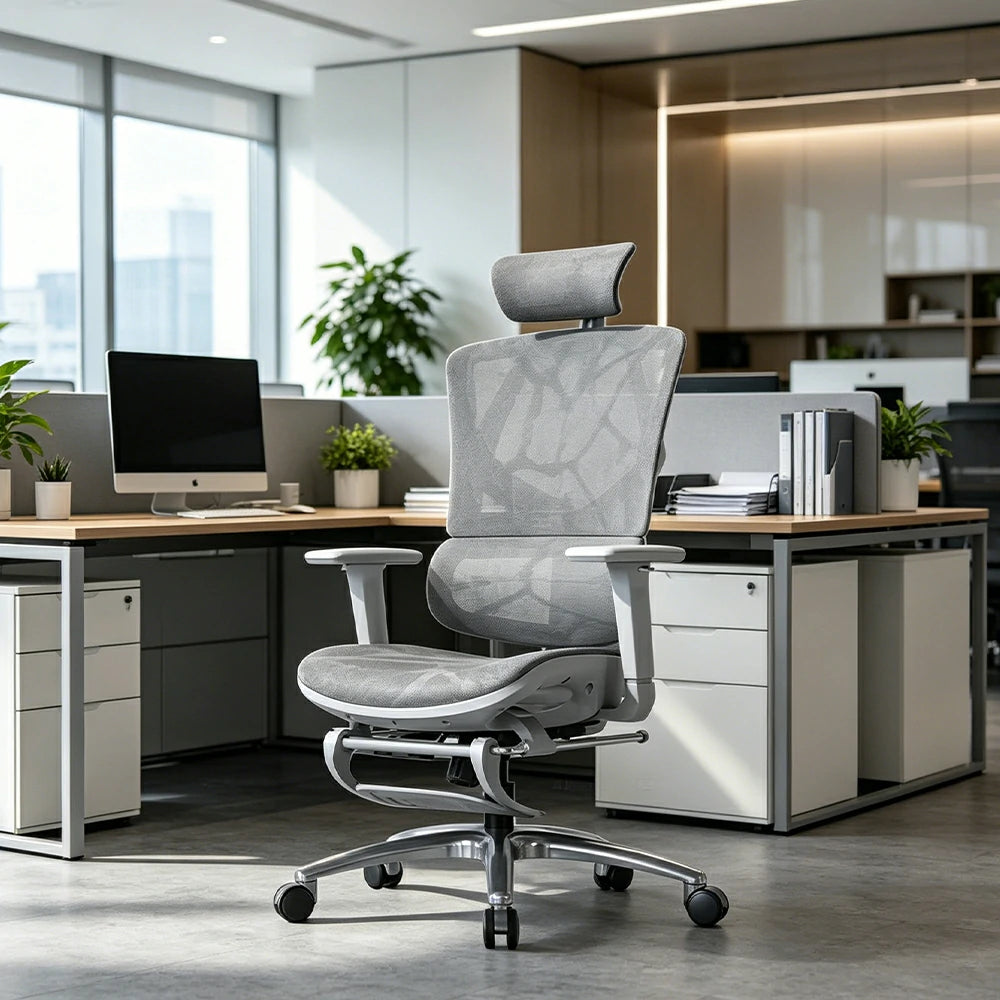 LIVARA  Ergonomic Mesh Office Chair Reclining Chair with Footrest Adjustable Backrest 4D Armrests Steel Base - White