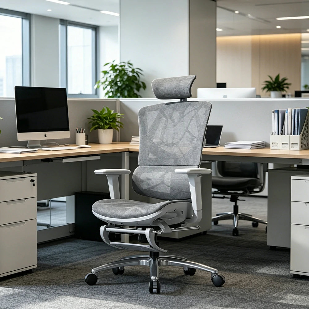LIVARA  Ergonomic Mesh Office Chair Reclining Chair with Footrest Adjustable Backrest 4D Armrests Steel Base - White