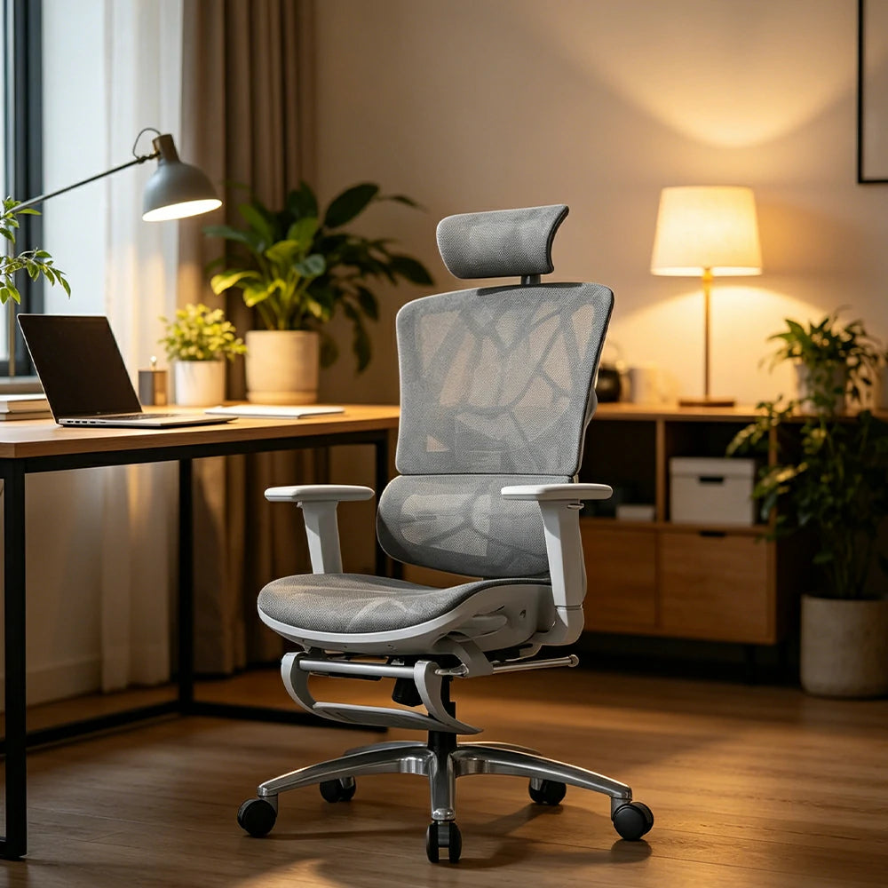 LIVARA  Ergonomic Mesh Office Chair Reclining Chair with Footrest Adjustable Backrest 4D Armrests Steel Base - White
