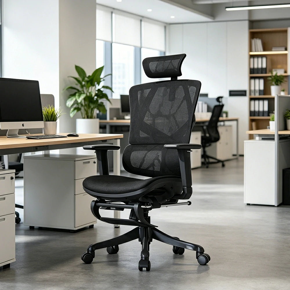 LIVARA  Ergonomic Office Chair Adjustable Backrest Footrest High Back Mesh Chair with Nylon Base for Home Office - Black