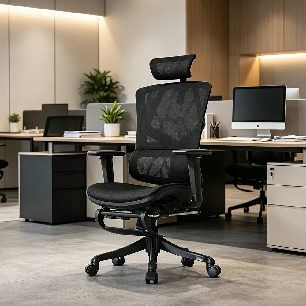 LIVARA  Ergonomic Office Chair Adjustable Backrest Footrest High Back Mesh Chair with Nylon Base for Home Office - Black