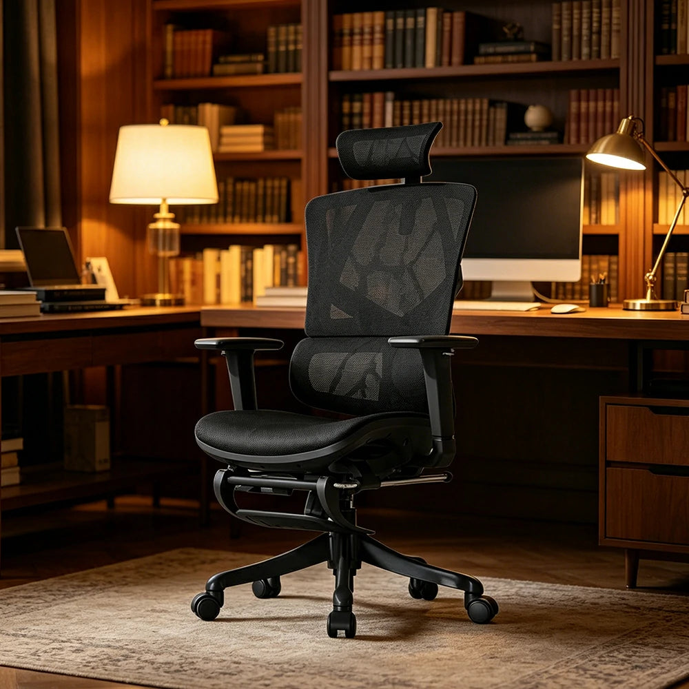 LIVARA  Ergonomic Office Chair Adjustable Backrest Footrest High Back Mesh Chair with Nylon Base for Home Office - Black