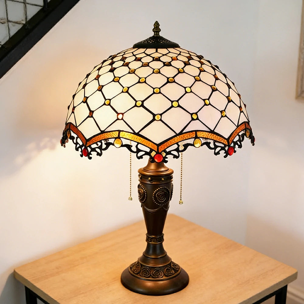 LIVARA Cross Bead Pattern Vintage Artistic Stained Glass Table Lamp Soft Ambient Lighting Metal Base Design Suitable for Bedroom Living Room Study Entryway