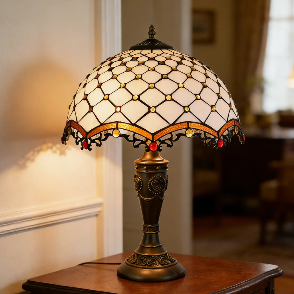 LIVARA Cross Bead Pattern Vintage Artistic Stained Glass Table Lamp Soft Ambient Lighting Metal Base Design Suitable for Bedroom Living Room Study Entryway