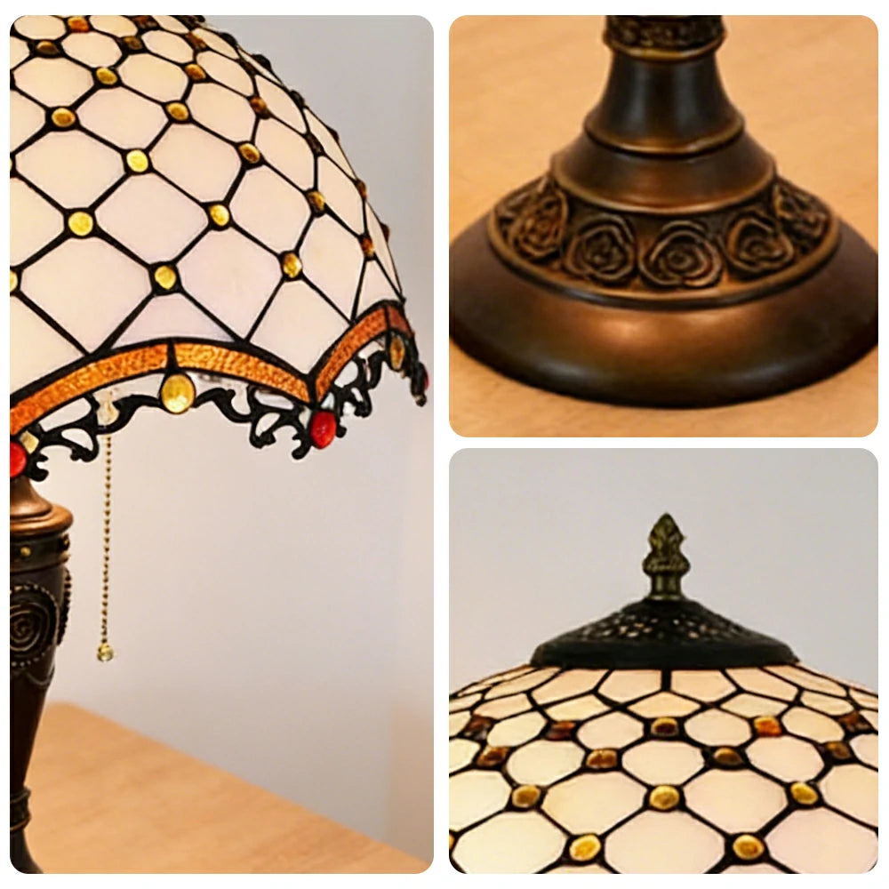 LIVARA Cross Bead Pattern Vintage Artistic Stained Glass Table Lamp Soft Ambient Lighting Metal Base Design Suitable for Bedroom Living Room Study Entryway