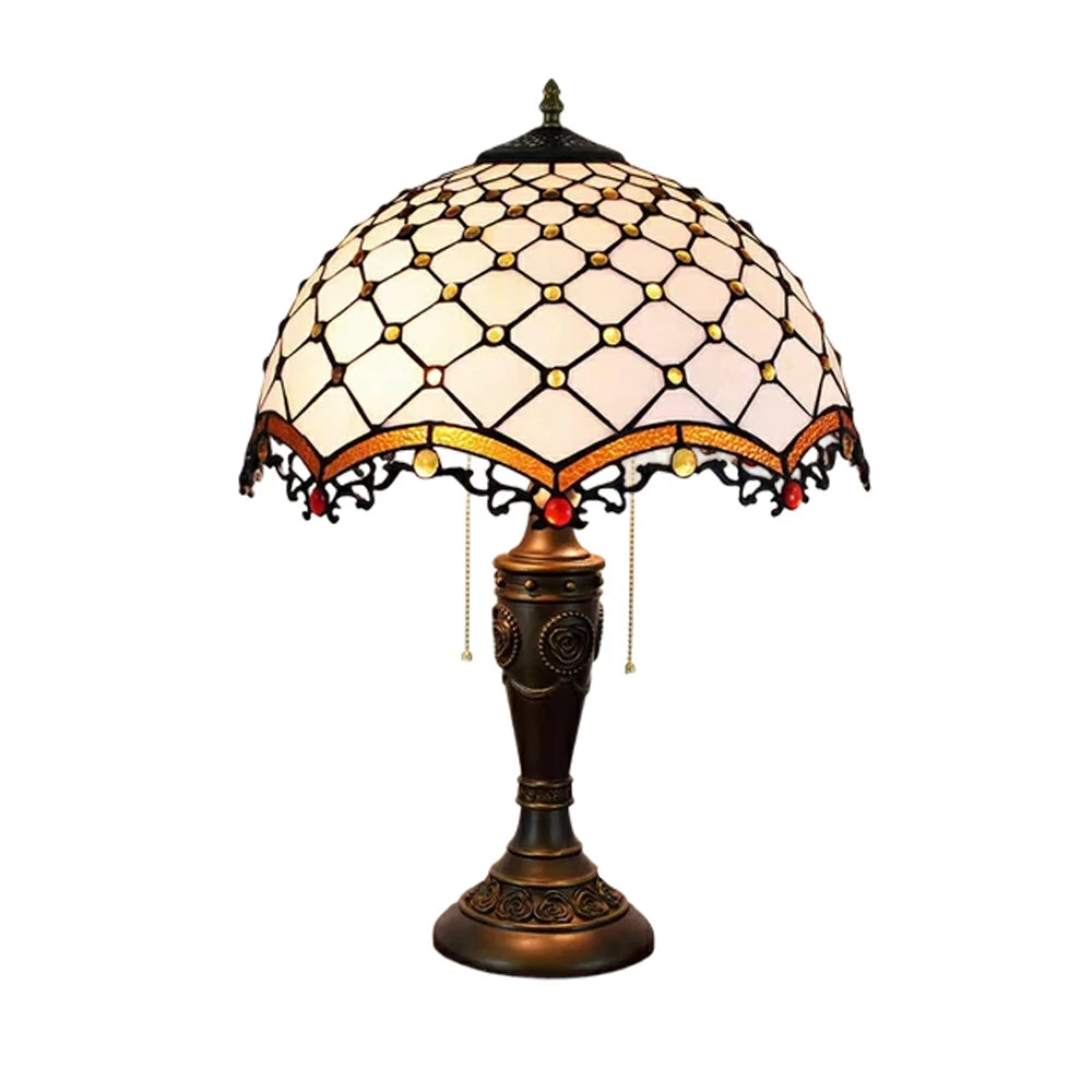 LIVARA Cross Bead Pattern Vintage Artistic Stained Glass Table Lamp Soft Ambient Lighting Metal Base Design Suitable for Bedroom Living Room Study Entryway