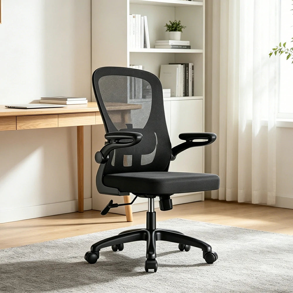 LIVARA  Modern Ergonomic Mesh Office Chair Sponge Cushion Flip Armrests Adjustable Reclining Chair - Black