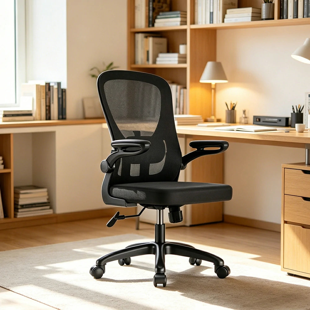LIVARA  Modern Ergonomic Mesh Office Chair Sponge Cushion Flip Armrests Adjustable Reclining Chair - Black