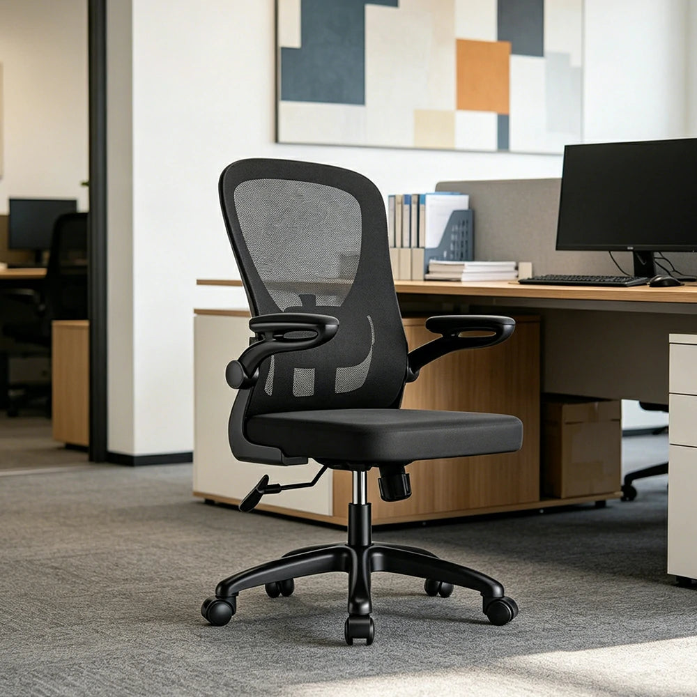 LIVARA  Modern Ergonomic Mesh Office Chair Sponge Cushion Flip Armrests Adjustable Reclining Chair - Black