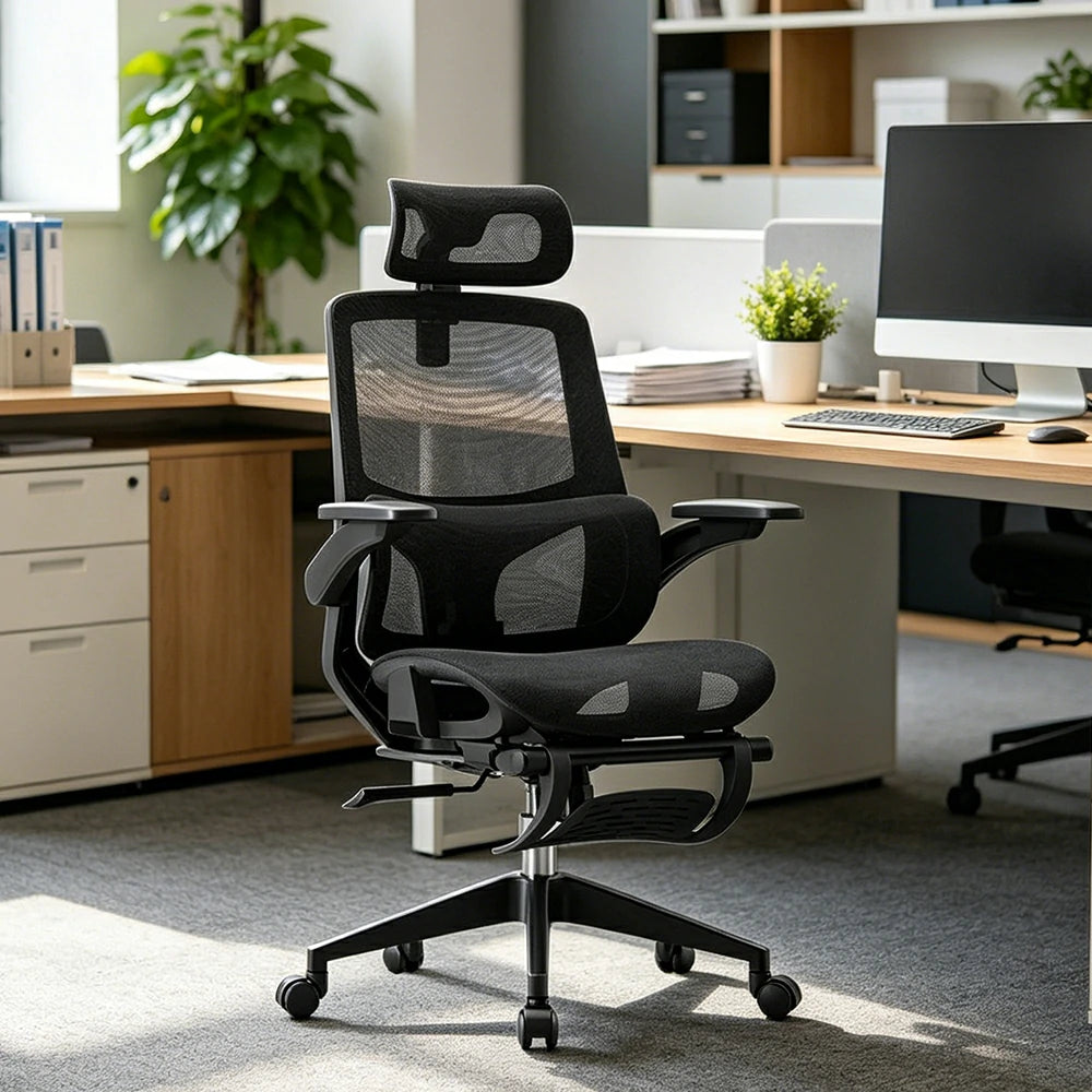 LIVARA  High Back Ergonomic Mesh Office Chair Adjustable Lumbar Support 135° Recline Footrest Chair - Black