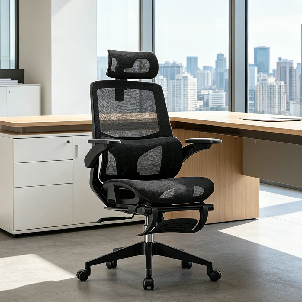 LIVARA  High Back Ergonomic Mesh Office Chair Adjustable Lumbar Support 135° Recline Footrest Chair - Black
