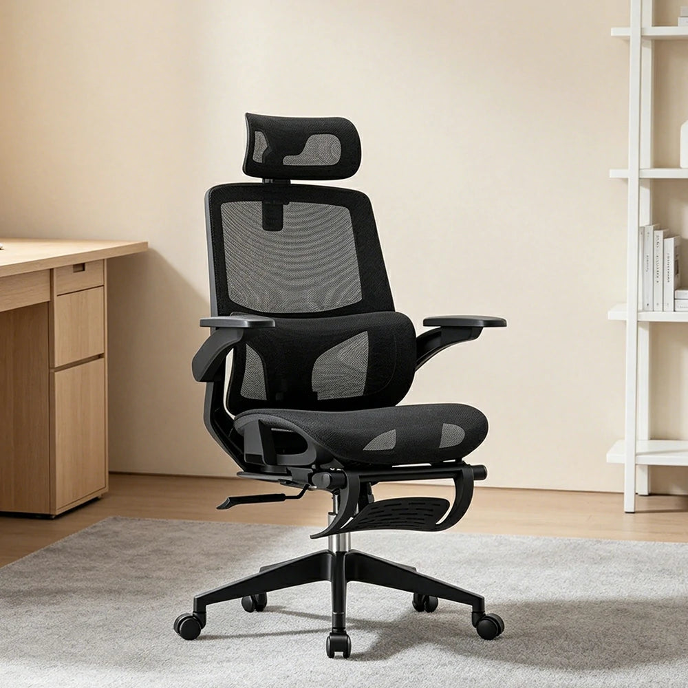 LIVARA  High Back Ergonomic Mesh Office Chair Adjustable Lumbar Support 135° Recline Footrest Chair - Black