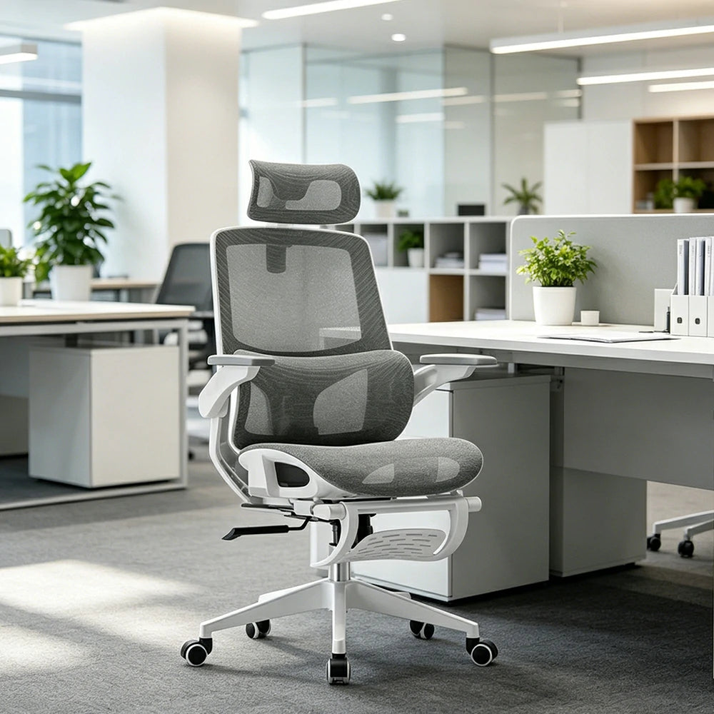 LIVARA   High Back Ergonomic Mesh Office Chair Adjustable Lumbar Support 135° Recline Footrest Chair - Grey
