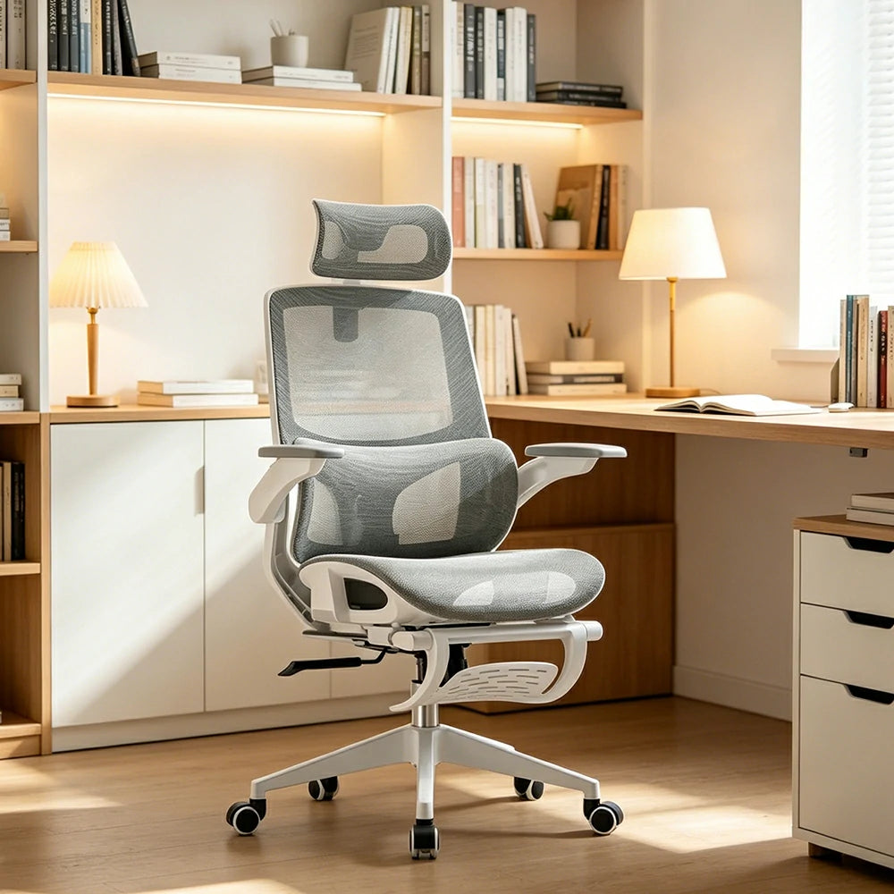 LIVARA   High Back Ergonomic Mesh Office Chair Adjustable Lumbar Support 135° Recline Footrest Chair - Grey