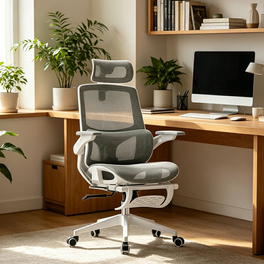 LIVARA   High Back Ergonomic Mesh Office Chair Adjustable Lumbar Support 135° Recline Footrest Chair - Grey