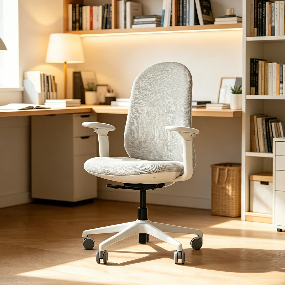 LIVARA   Modern Ergonomic Office Chair Corduroy Upholstered Chair with 3D Armrests for Workspace - White