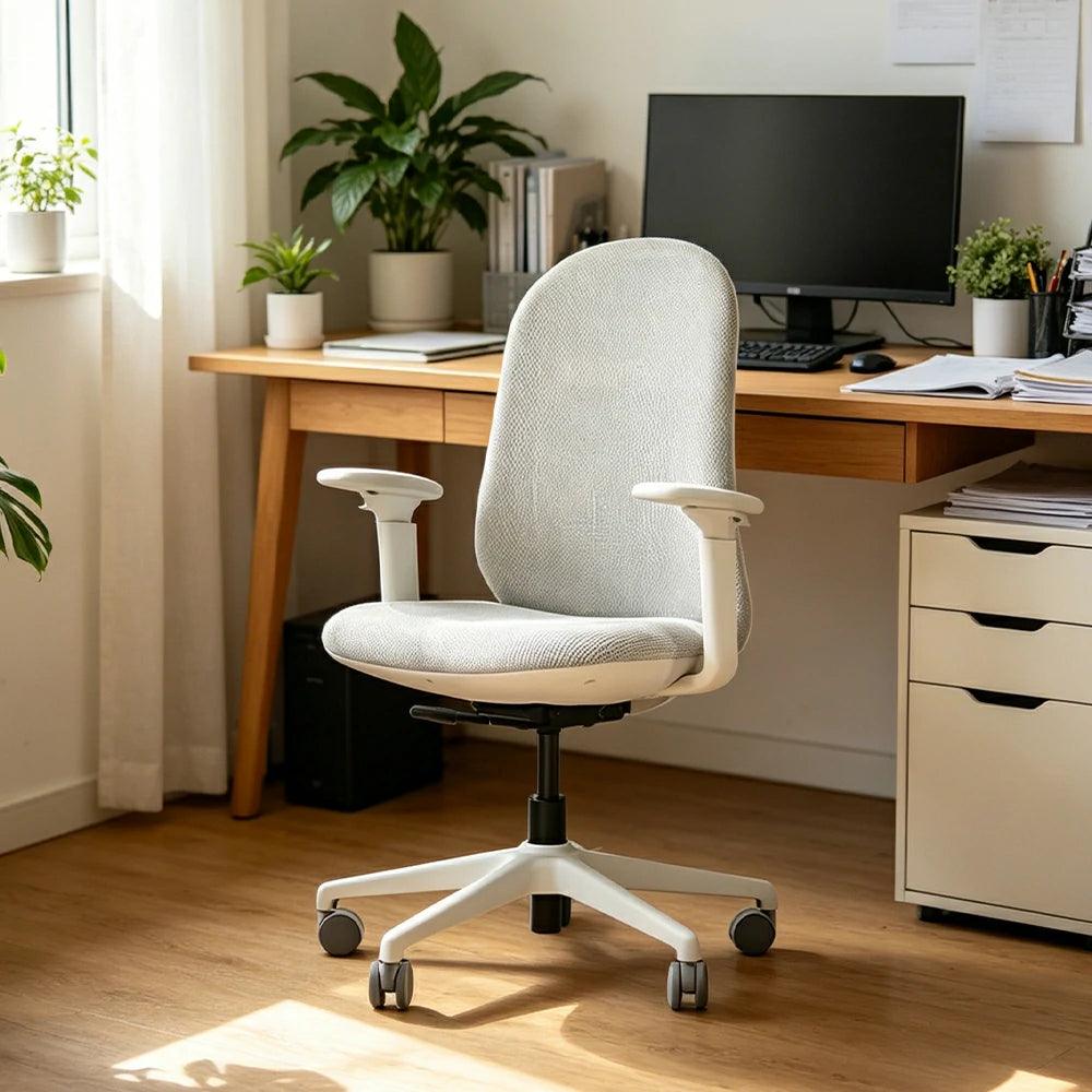 LIVARA   Modern Ergonomic Office Chair Corduroy Upholstered Chair with 3D Armrests for Workspace - White