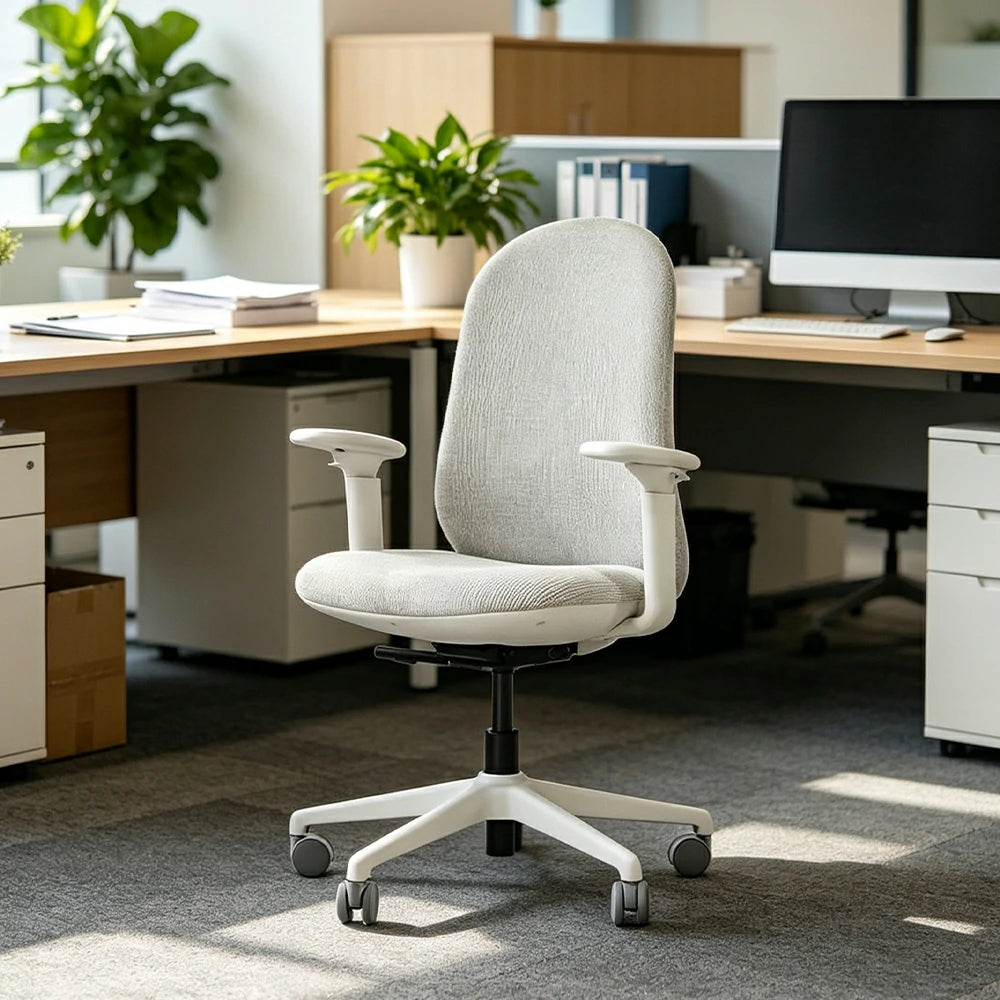 LIVARA   Modern Ergonomic Office Chair Corduroy Upholstered Chair with 3D Armrests for Workspace - White