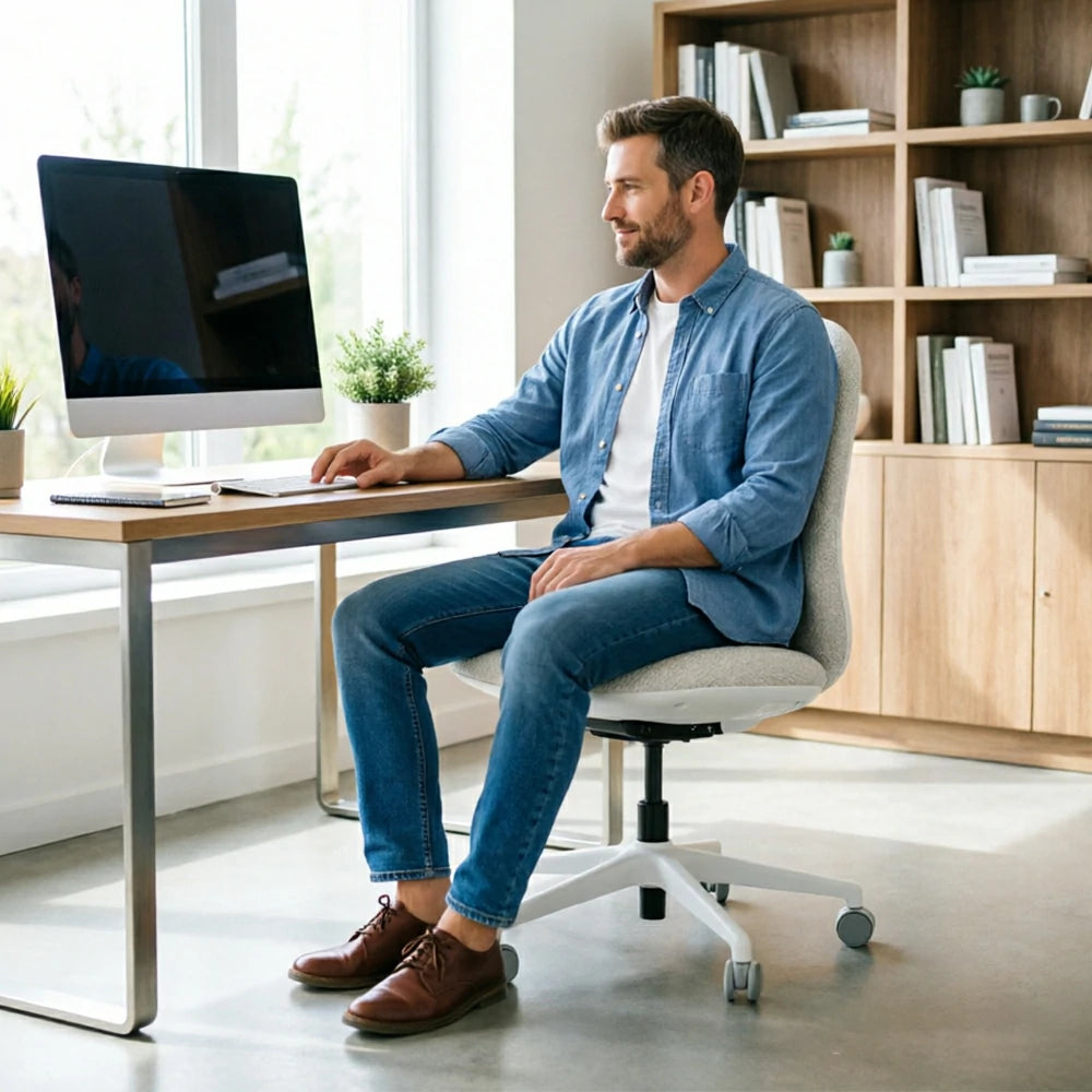 LIVARA   Modern Ergonomic Office Chair Corduroy Upholstered Chair Comfortable Swivel Chair for Study Room - White