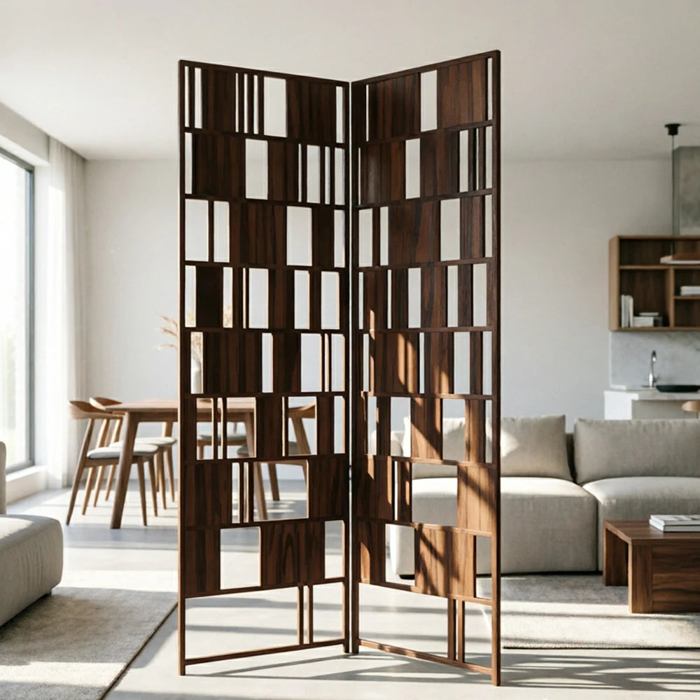 LIVARA Solid Wood Folding Room Divider - Geometric Openwork Design Privacy Screen for Living Room Bedroom Entryway - Dark Walnut