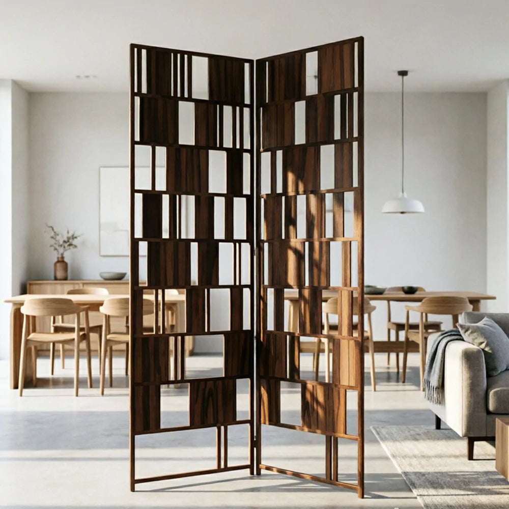 LIVARA Solid Wood Folding Room Divider - Geometric Openwork Design Privacy Screen for Living Room Bedroom Entryway - Dark Walnut