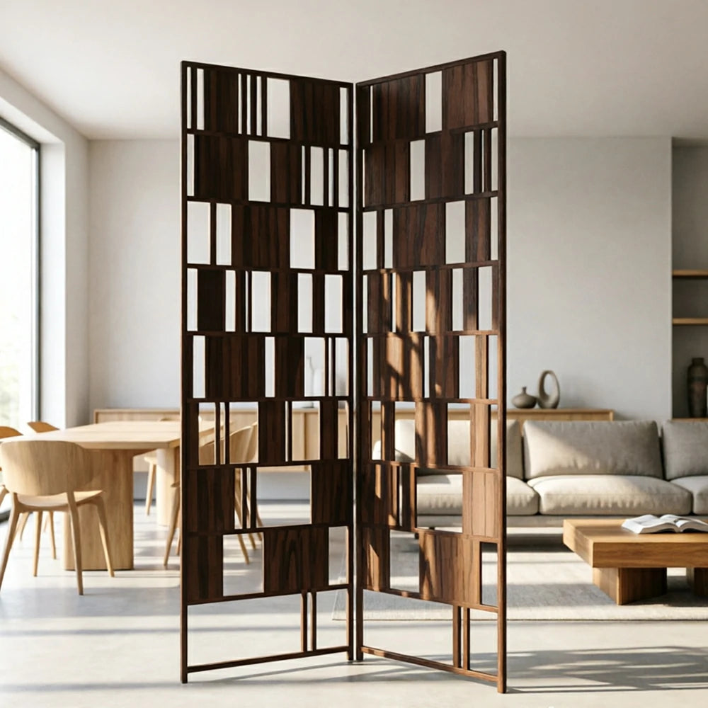 LIVARA Solid Wood Folding Room Divider - Geometric Openwork Design Privacy Screen for Living Room Bedroom Entryway - Dark Walnut