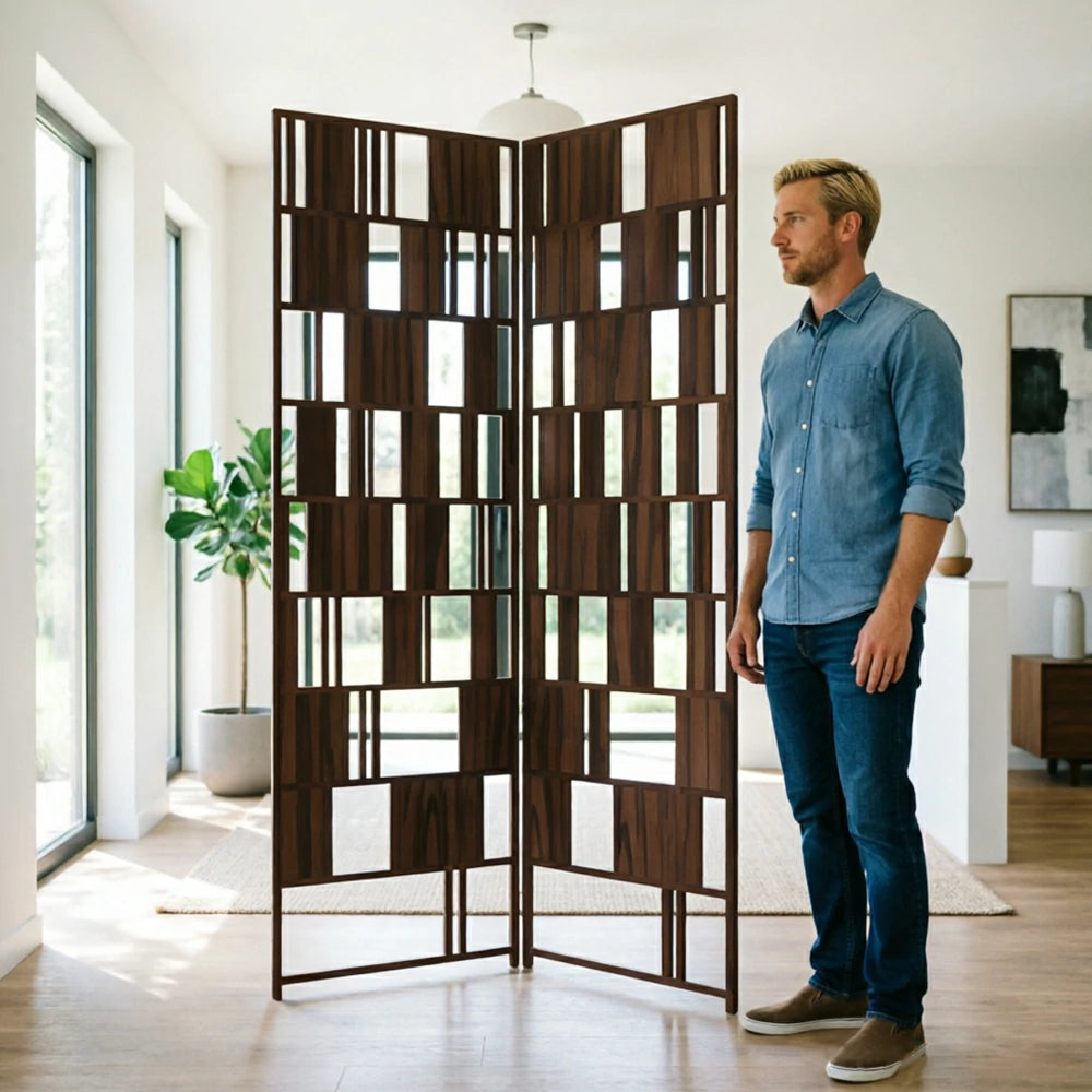 LIVARA Solid Wood Folding Room Divider - Geometric Openwork Design Privacy Screen for Living Room Bedroom Entryway - Dark Walnut
