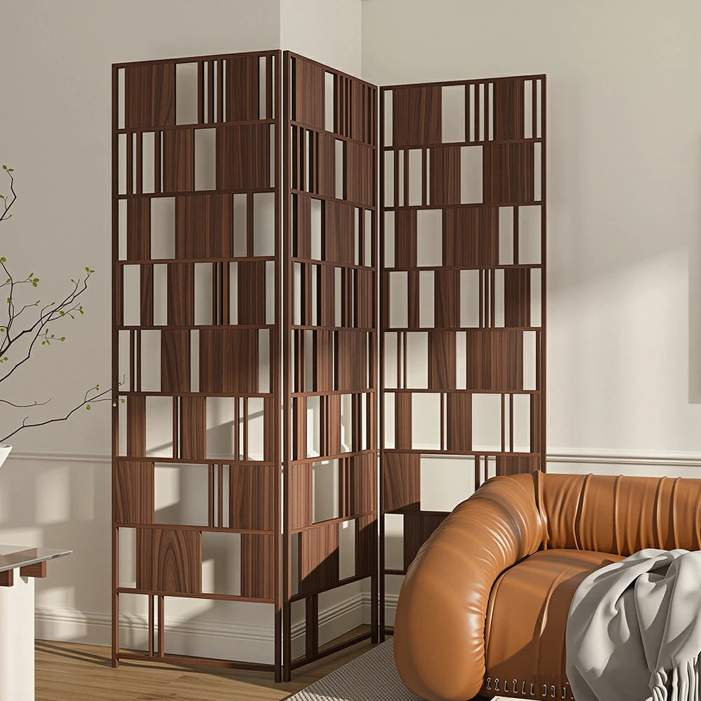 LIVARA 3 Panel Solid Wood Folding Room Divider - Geometric Openwork Privacy Screen for Living Room Bedroom Entryway - Dark Walnut