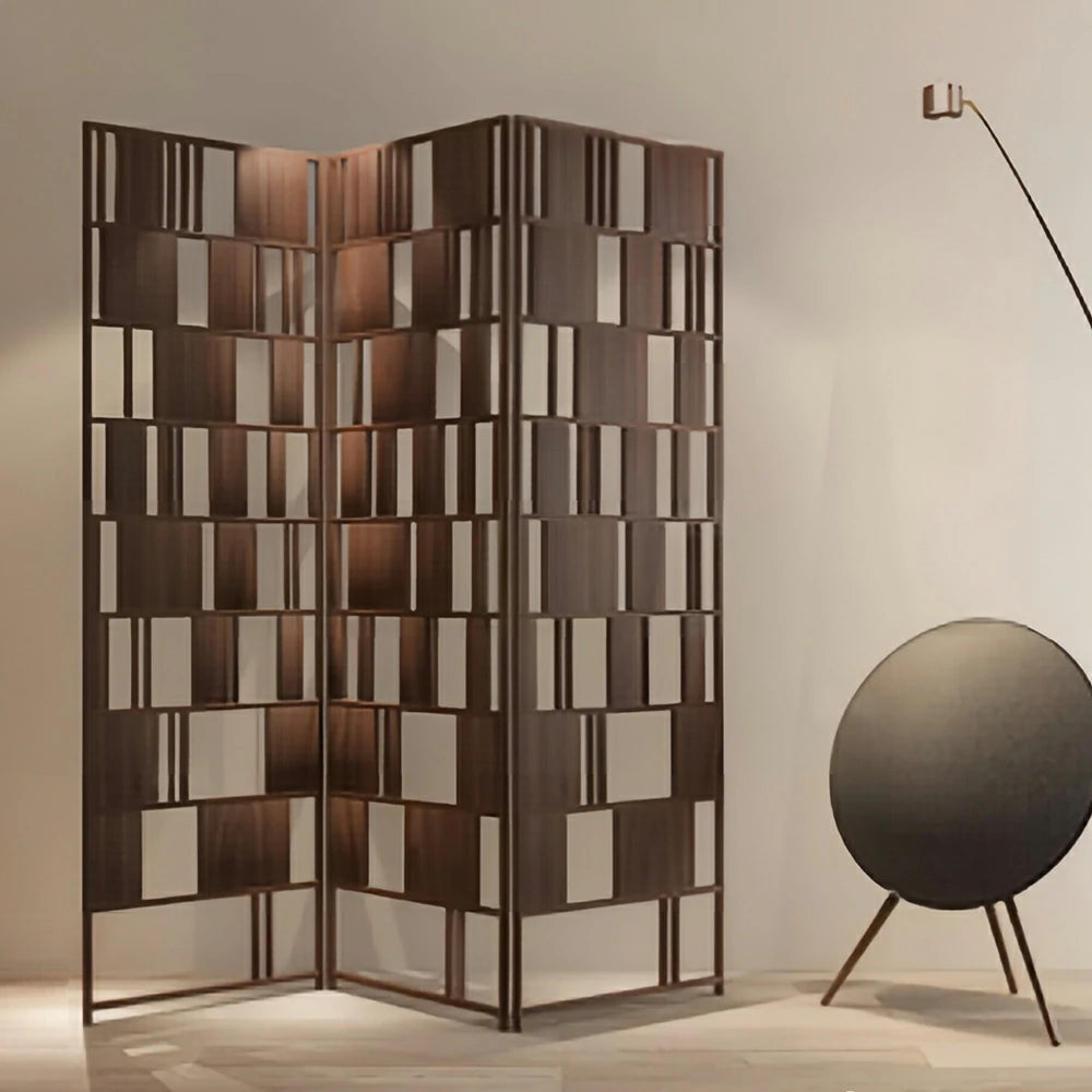 LIVARA 3 Panel Solid Wood Folding Room Divider - Geometric Openwork Privacy Screen for Living Room Bedroom Entryway - Dark Walnut