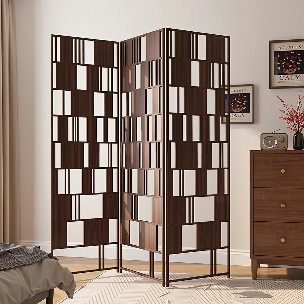 LIVARA 3 Panel Solid Wood Folding Room Divider - Geometric Openwork Privacy Screen for Living Room Bedroom Entryway - Dark Walnut