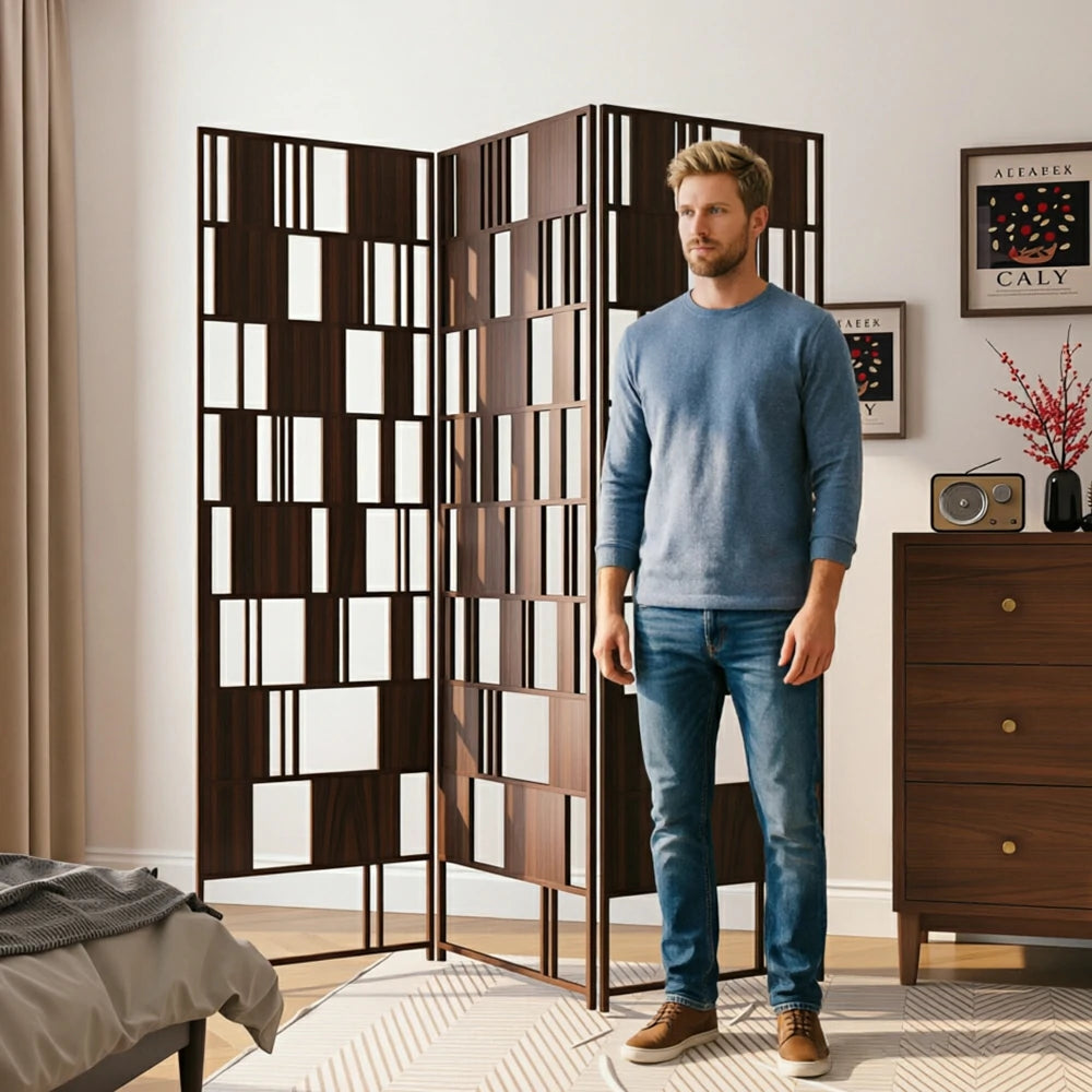 LIVARA 3 Panel Solid Wood Folding Room Divider - Geometric Openwork Privacy Screen for Living Room Bedroom Entryway - Dark Walnut